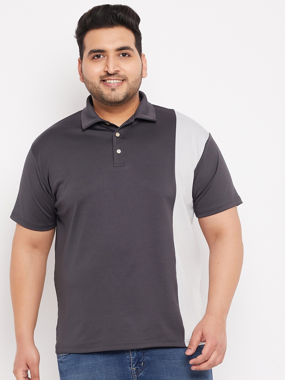 

bigbanana Men Plus Size Grey Polo Collar T-shirt