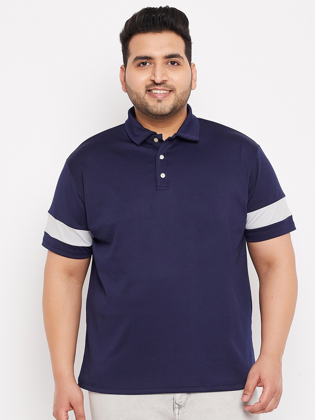 

bigbanana Plus Size Men Navy Blue Solid Polo Collar T-shirt