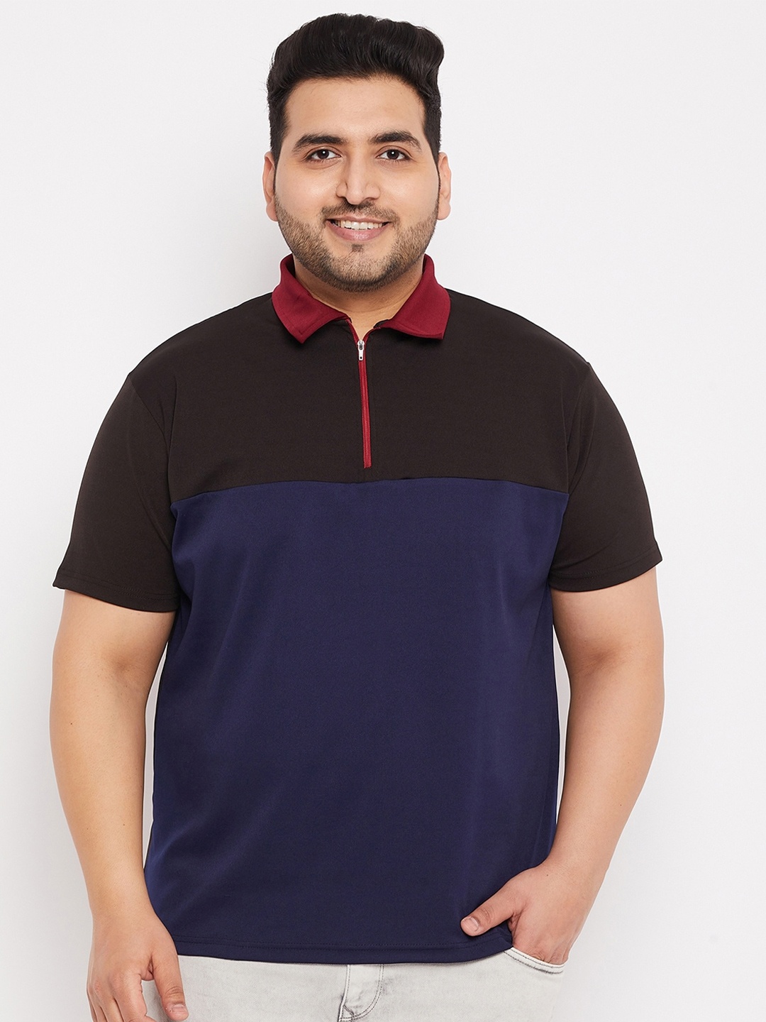 

bigbanana Plus Size Men Black & Navy Blue Colourblocked Polo Collar T-shirt