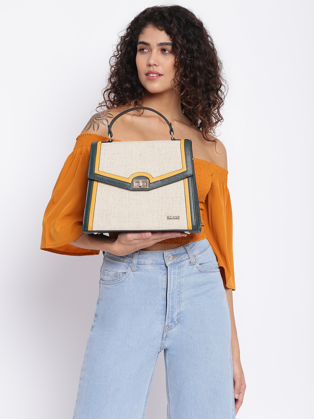 

KLEIO Women Jute Canvas Textured Structured Satchel Bag, Mustard