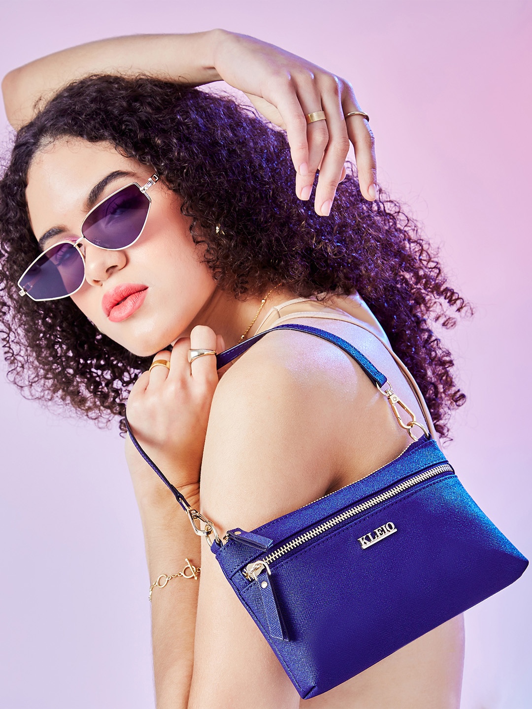

KLEIO Textured Short Handle Sleek Shoulder Bag, Blue