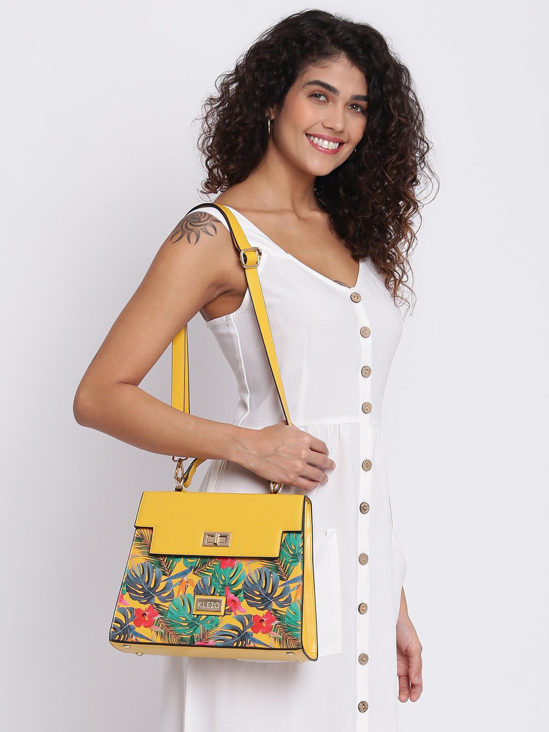 

KLEIO Floral Printed Top Handle Handbag, Yellow