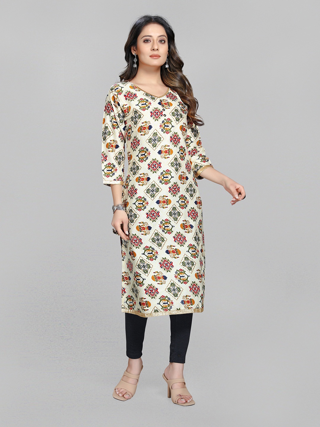 

Fashion FRICKS Women Cream-Coloured & Yellow Printed Kurta