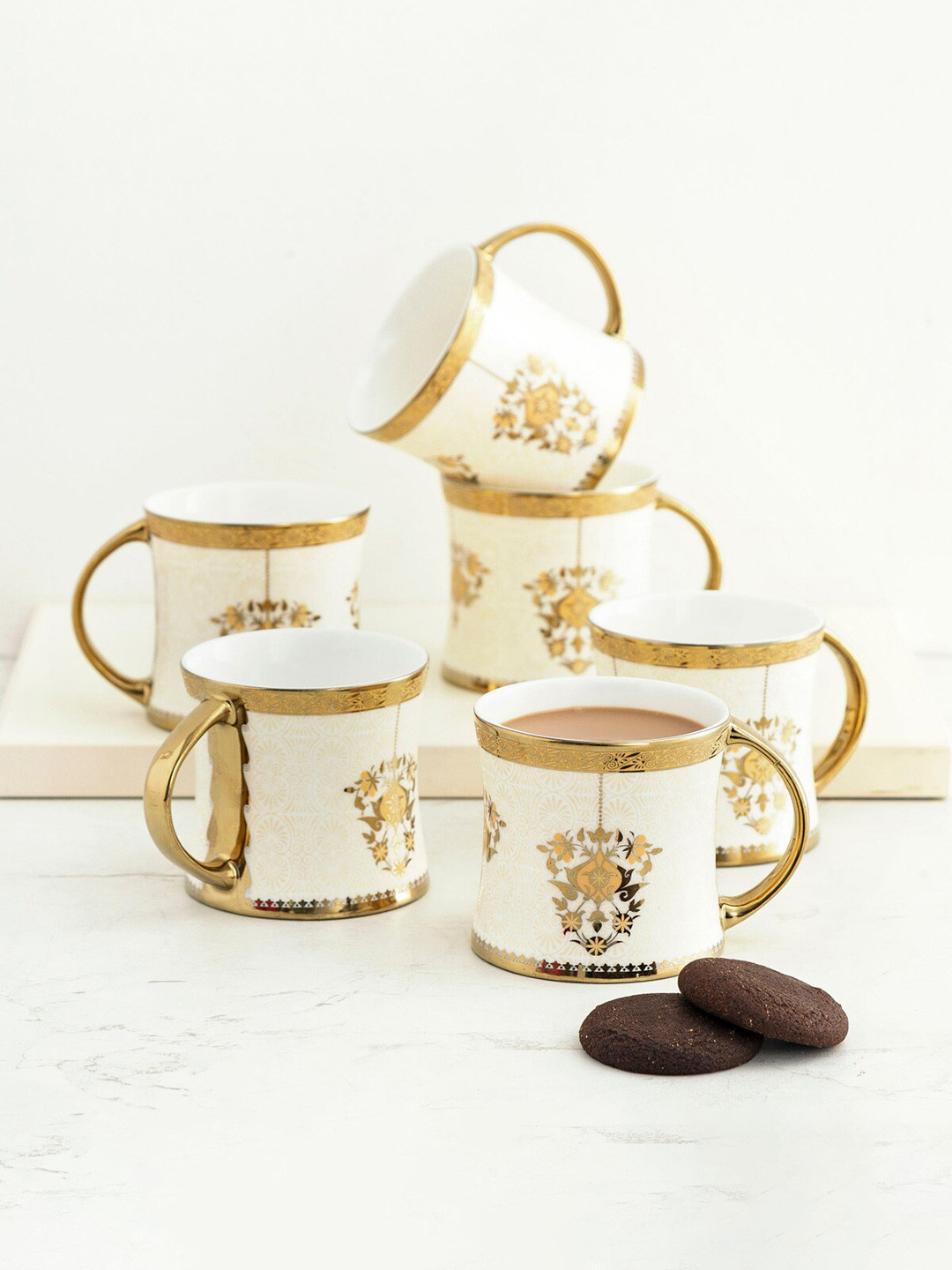 

Home Centre Gold-Toned & Beige Set of 6 Floral Printed Bone China Glossy Cups