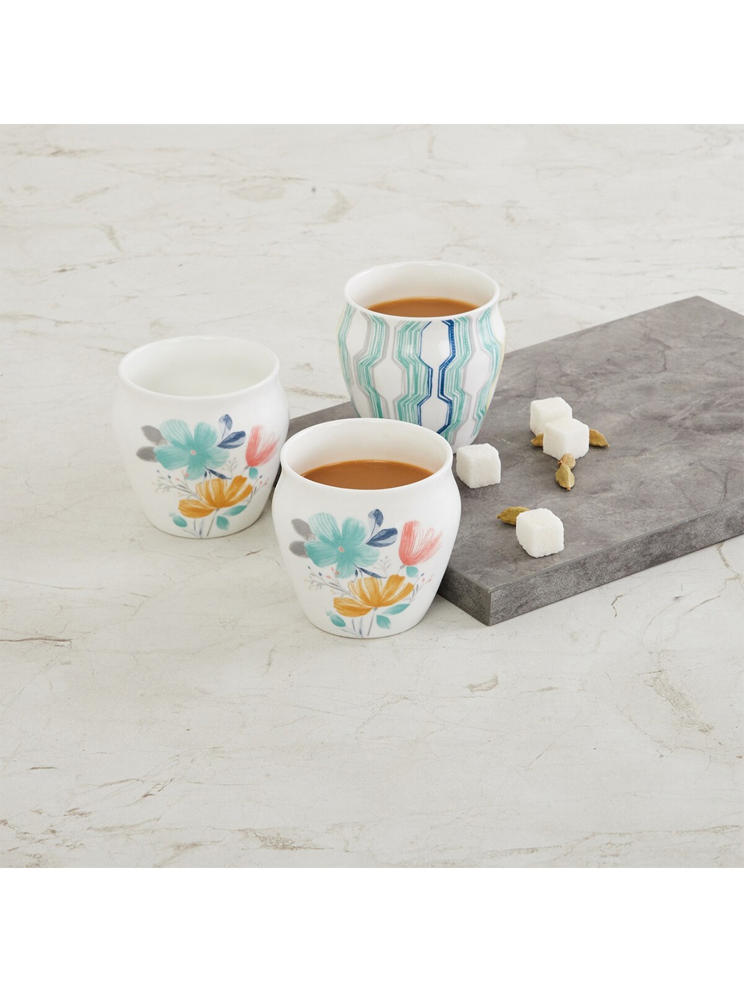 

Home Centre Set of 3 Printed Bone China Glossy Mandarin Quite Nature Kulladhs, White