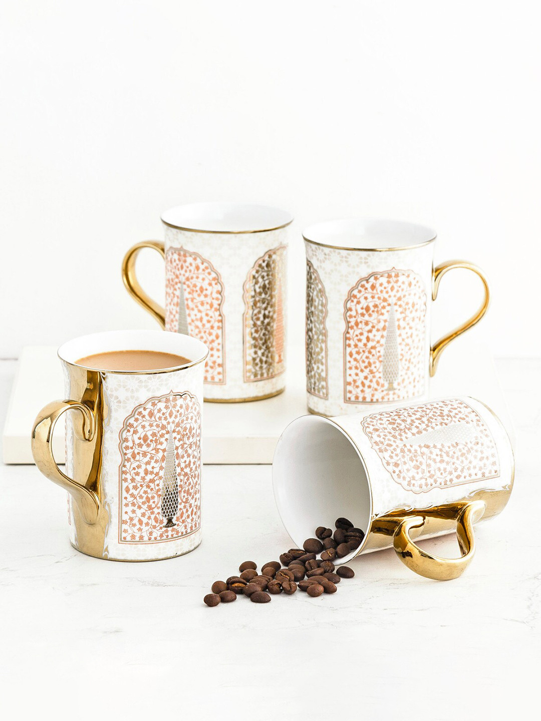 

Home Centre Set of 4 White & Orange Floral Printed Bone China Glossy Mug