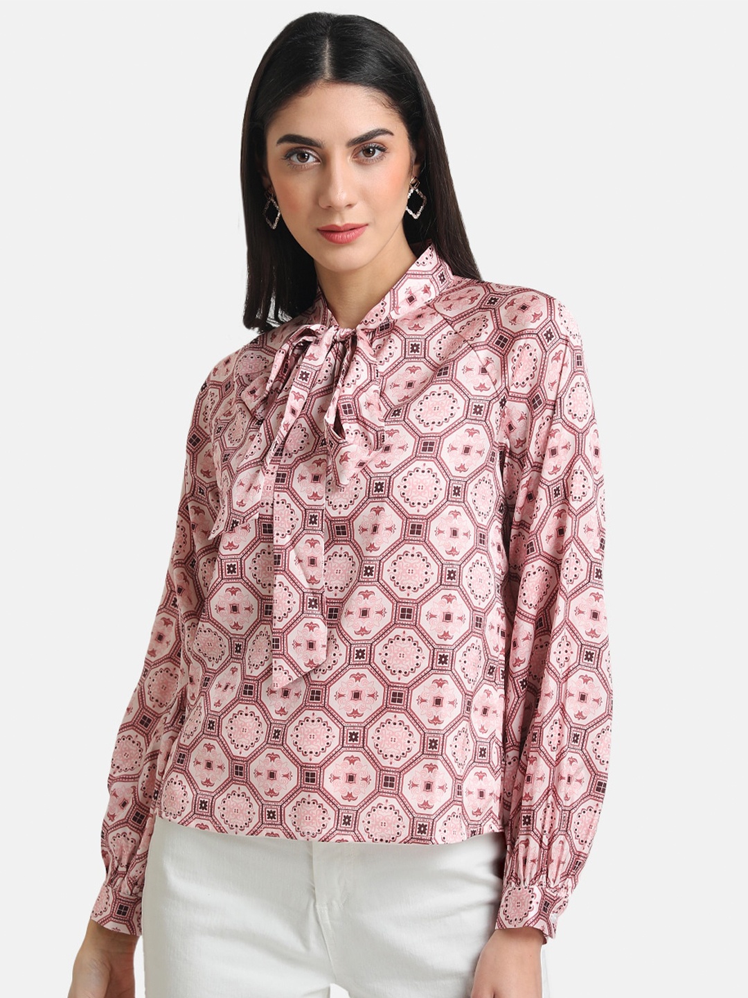 

Kazo Pink Women Printed Tie-Up Neck Top