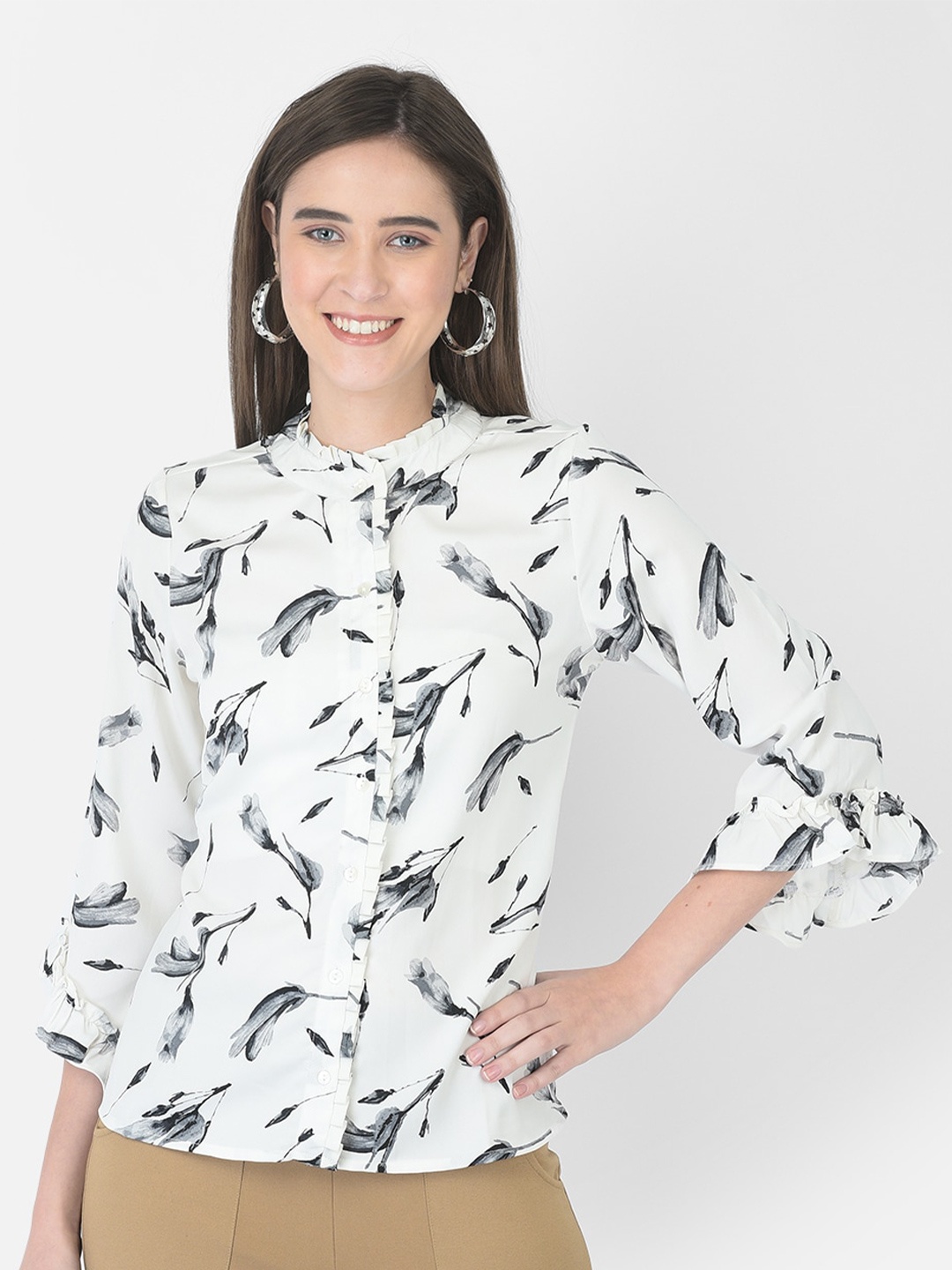 

Latin Quarters Women White Floral Print Shirt Style Top