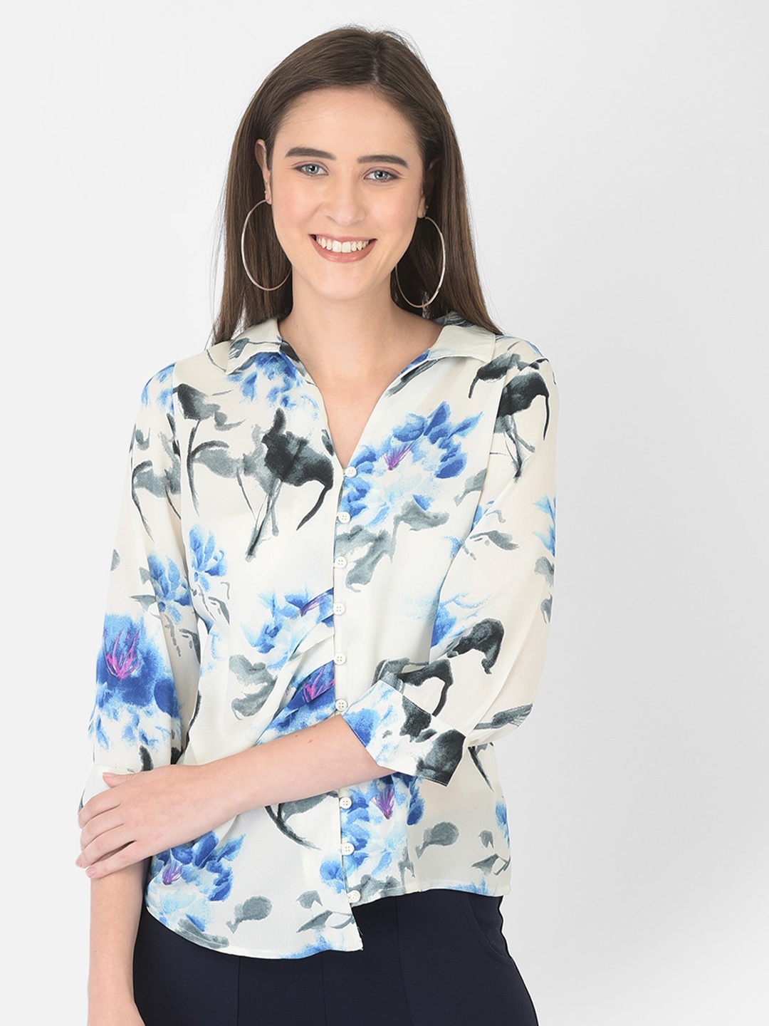 

Latin Quarters Blue Floral Print Shirt Style Top