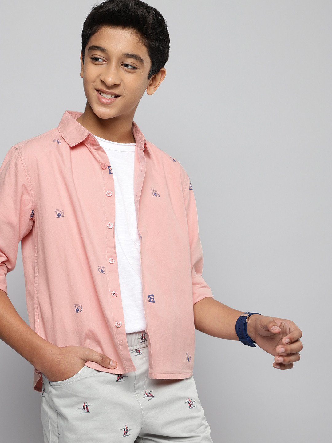 

M&H Juniors Boys Pink Printed Pure Cotton Casual Shirt
