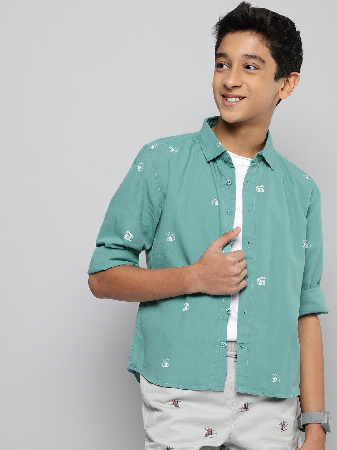 

M&H Juniors Boys Sea Green Printed Pure Cotton Casual Shirt