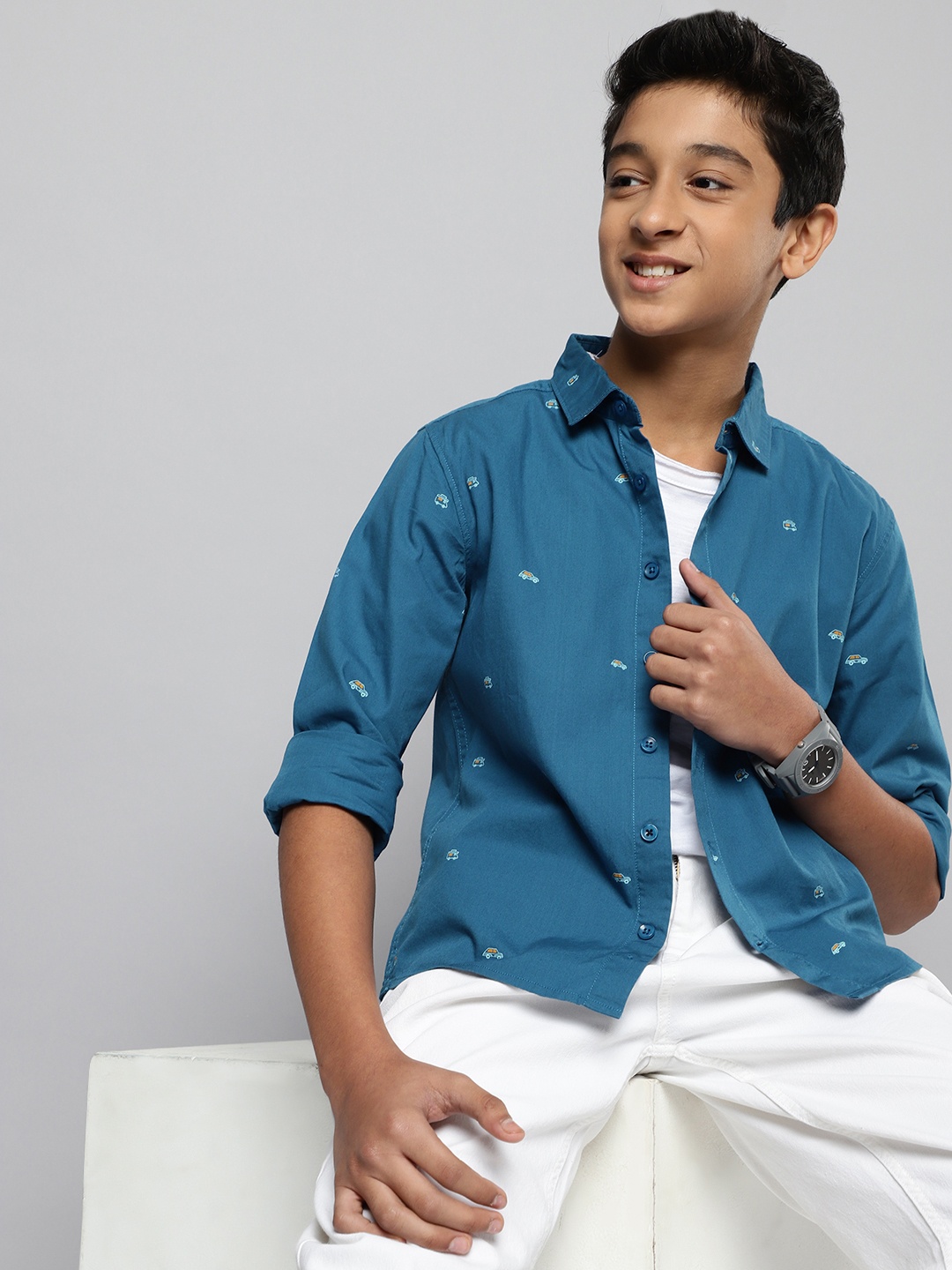 

M&H Juniors Boys Blue Printed Pure Cotton Casual Shirt