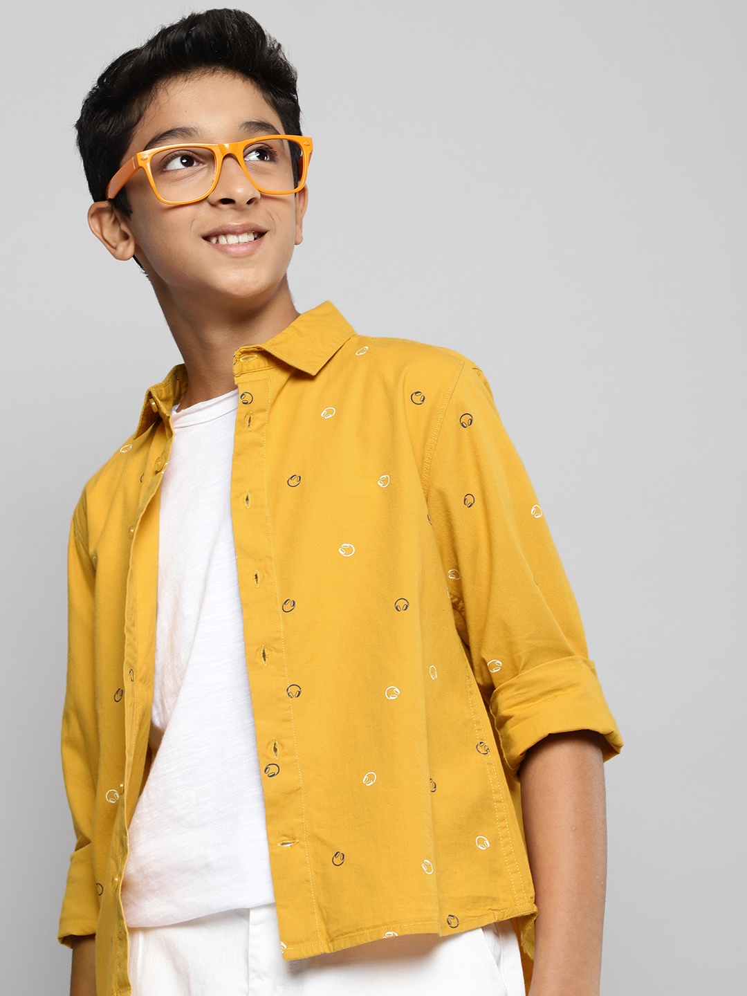 

M&H Juniors Boys Mustard Yellow Printed Pure Cotton Casual Shirt