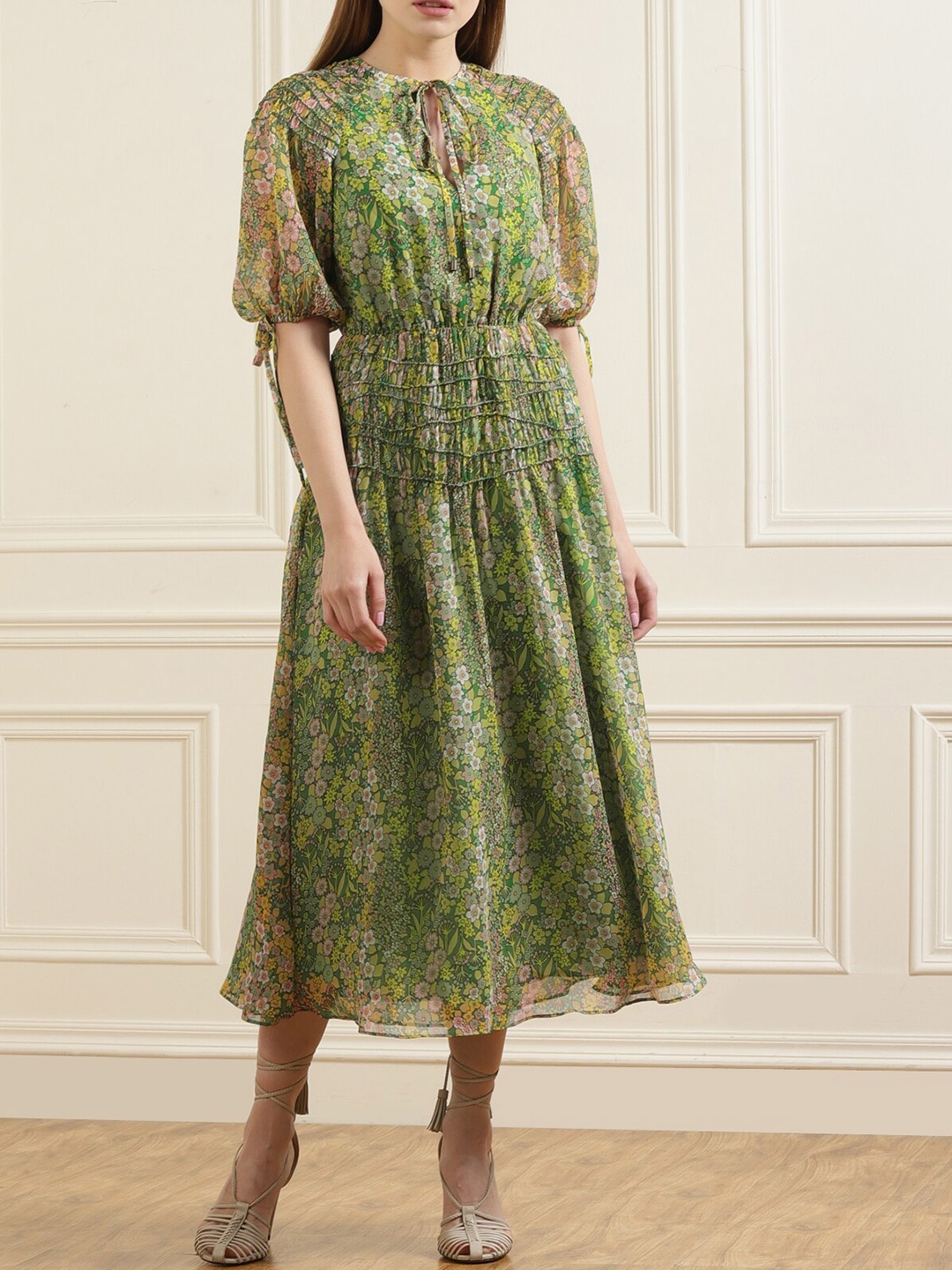 

Ted Baker Green Floral Tie-Up Neck Maxi Dress