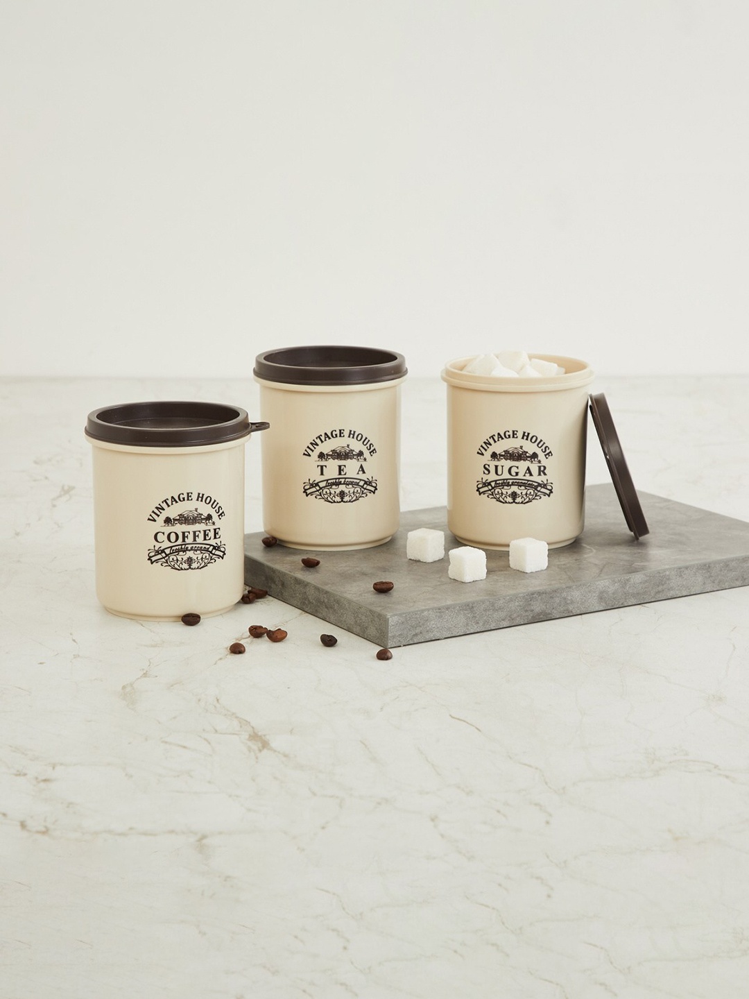 

Home Centre Set Of 3 Beige Printed Storage Jar 450 ml