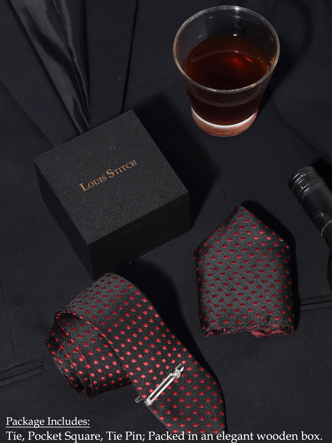 

LOUIS STITCH Men Silk Necktie Accessory Gift Set, Red