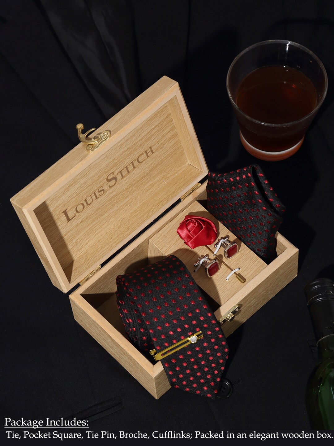 

LOUIS STITCH Men Polka Dots Printed Silk Necktie Accessory Gift Set, Red