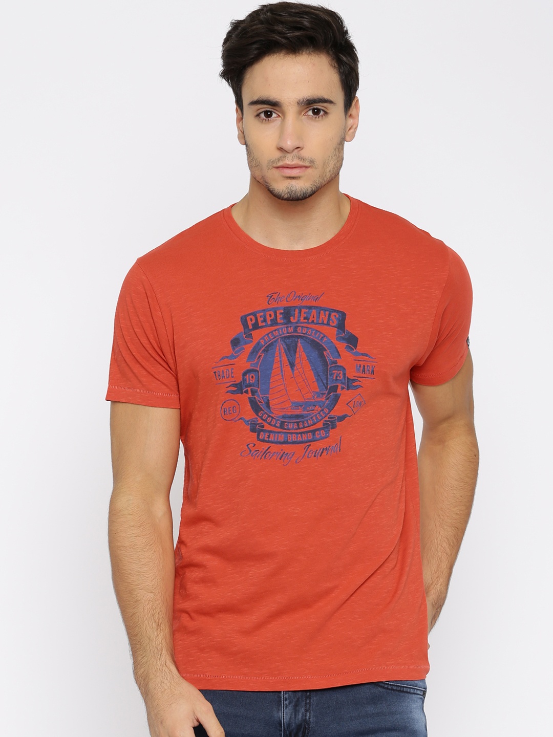 

Pepe Jeans Men Red Printed Slim Fit Pure Cotton T-shirt