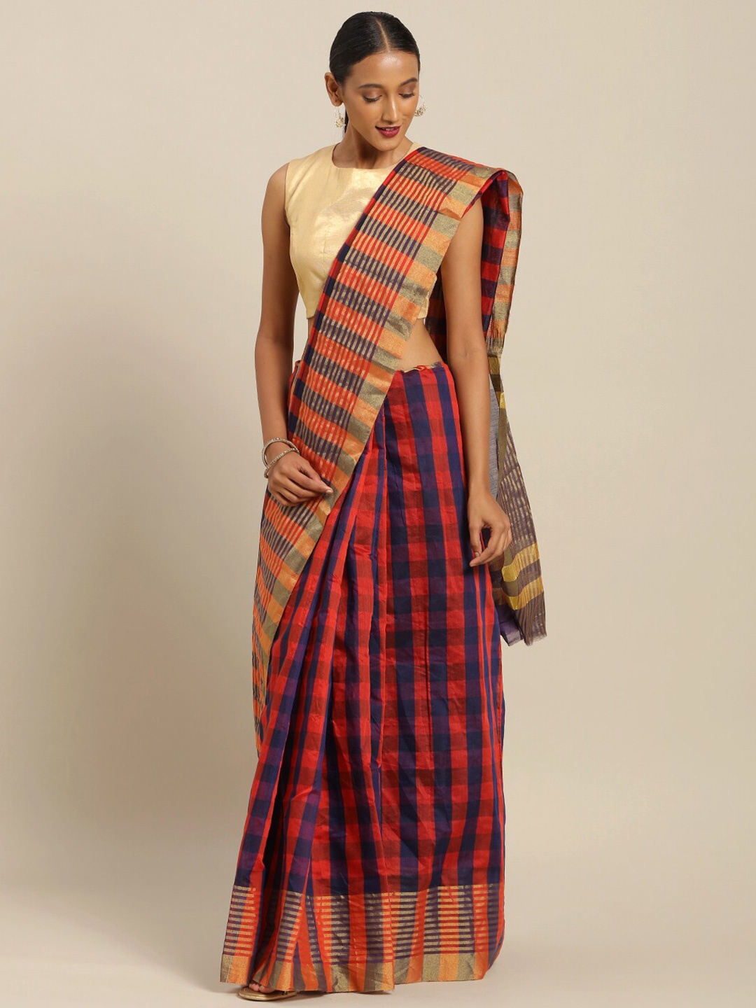 

KALINI Red & Purple Checked Art Silk Saree