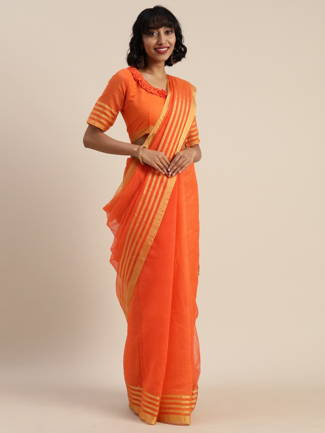 

KALINI Orange & Gold-Toned Solid Pure Cotton Zari Saree