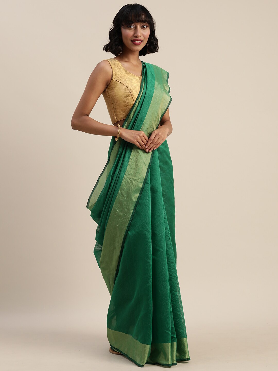 

KALINI Green & Gold-Toned Solid Zari Art Silk Saree