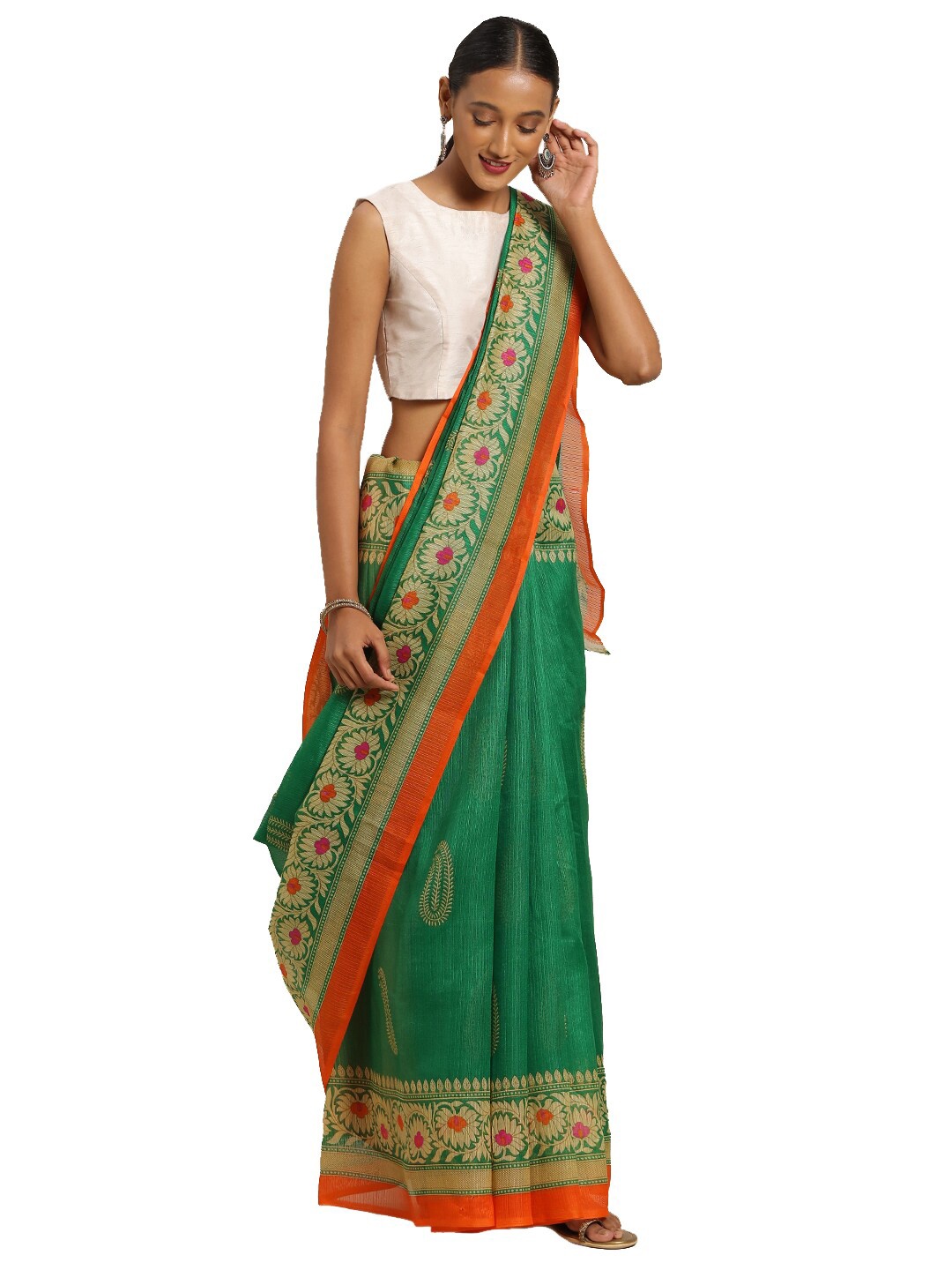 

KALINI Green & Orange Paisley Art Silk Saree