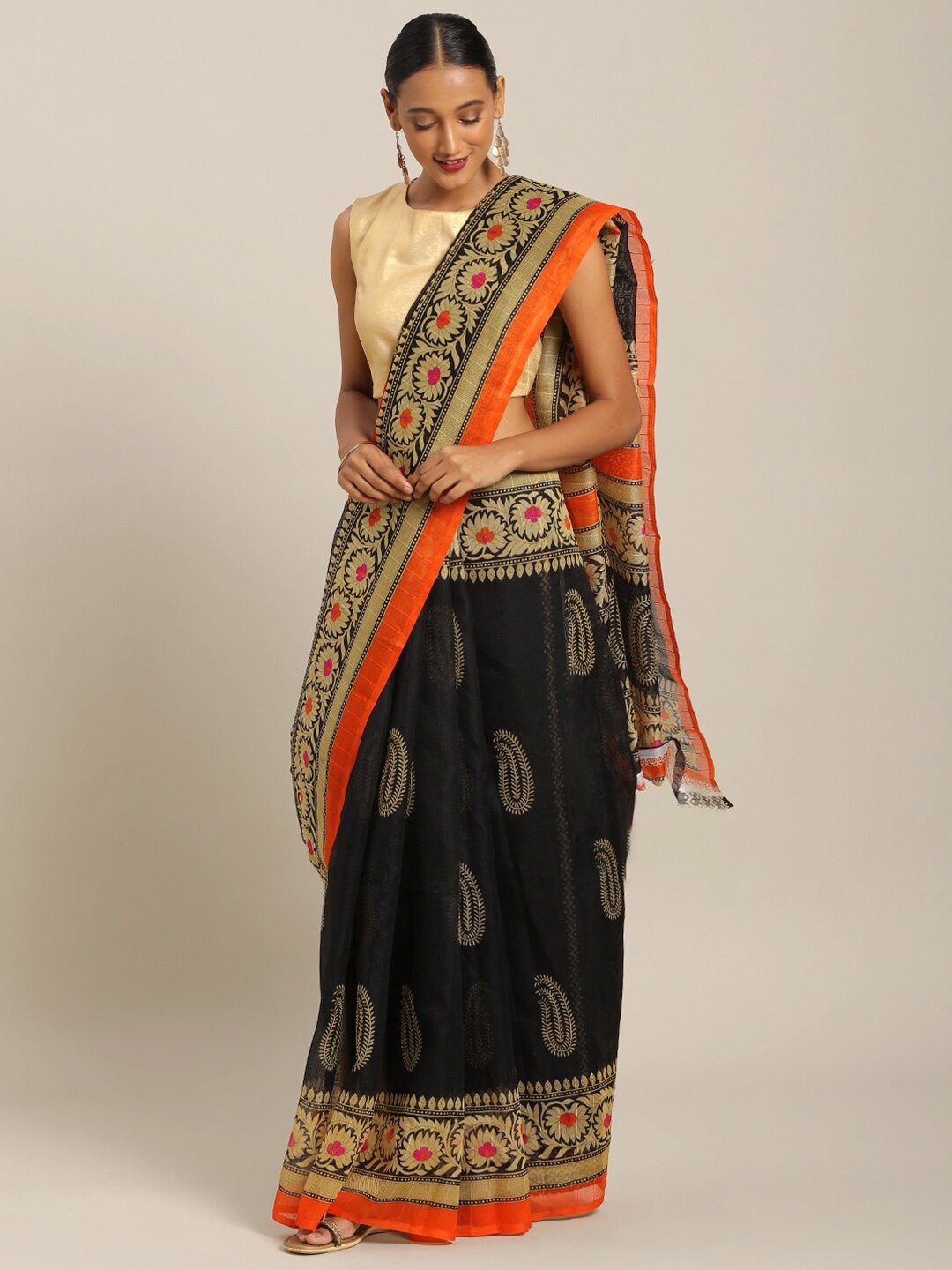 

KALINI Black & Orange Paisley Art Silk Saree