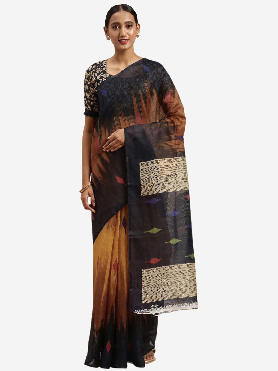 

KALINI Mustard Yellow & Black Ethnic Motifs Printed Art Silk Saree