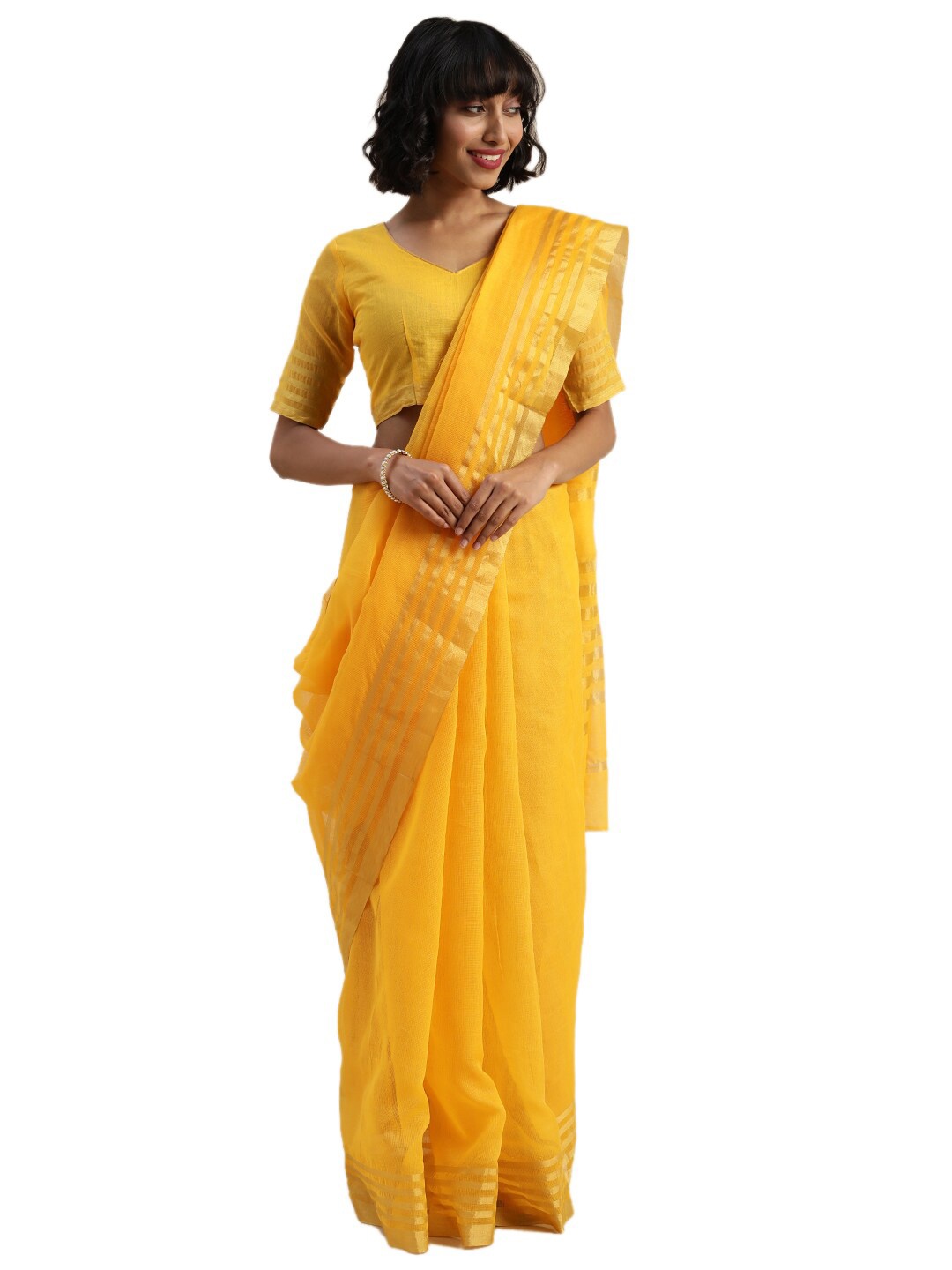 

KALINI Yellow & Golden Pure Cotton Saree