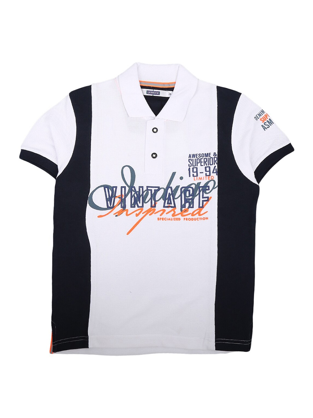 

V-Mart Boys White & Navy Blue Typography Polo Collar T-shirt