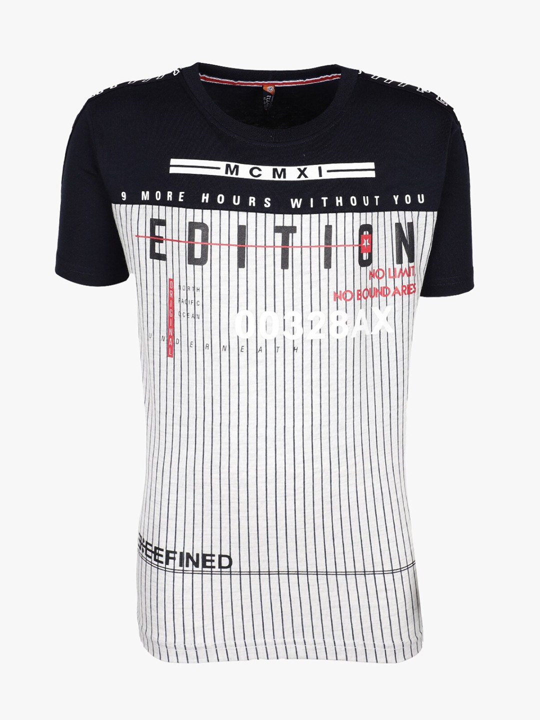 

V-Mart Boys White & Navy Blue Typography Striped Cotton T-shirt