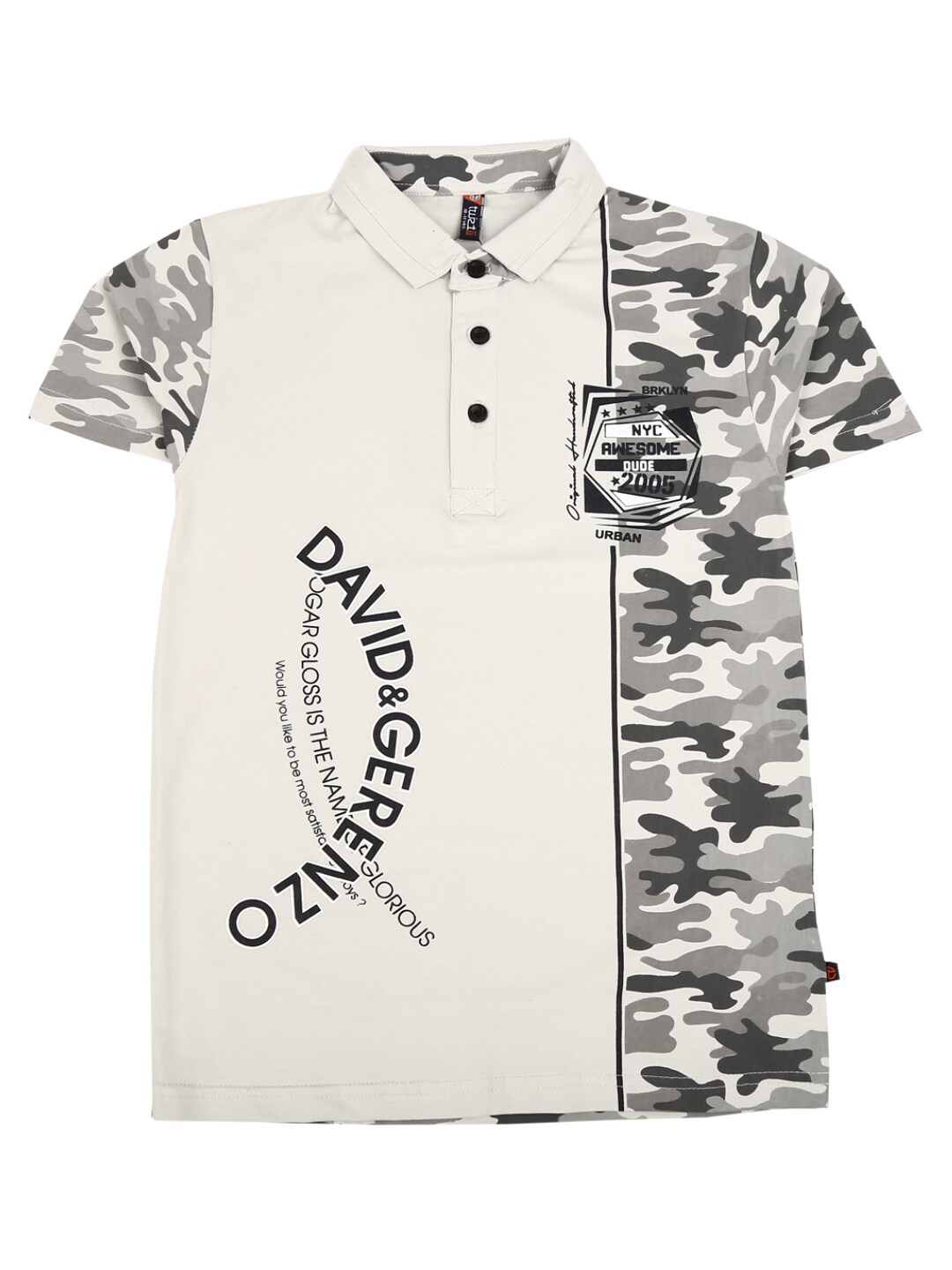 

V-Mart Boys Grey Camouflage Printed Polo Collar Cotton T-shirt