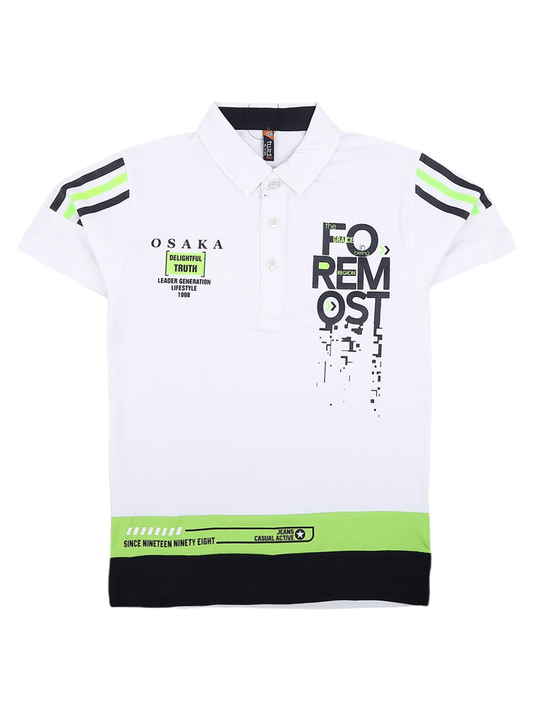 

V-Mart Boys White Printed Polo Collar Applique T-shirt cotton