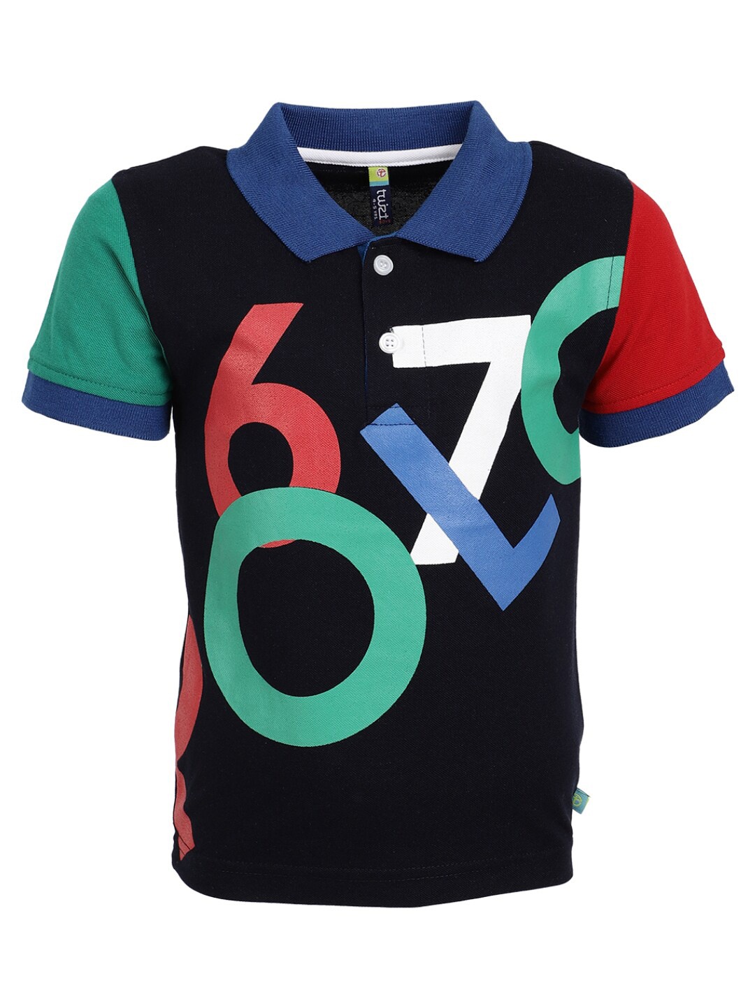 

V-Mart Boys Navy Blue & Green Typography Printed Polo Collar T-shirt