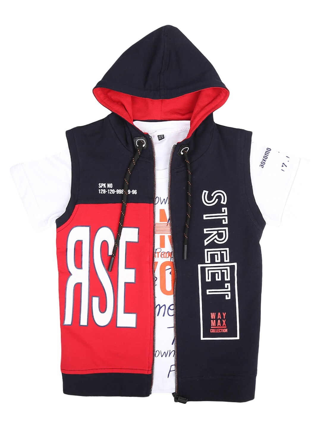

V-Mart Boys Navy Blue & Red Typography Printed Hooded T-shirt