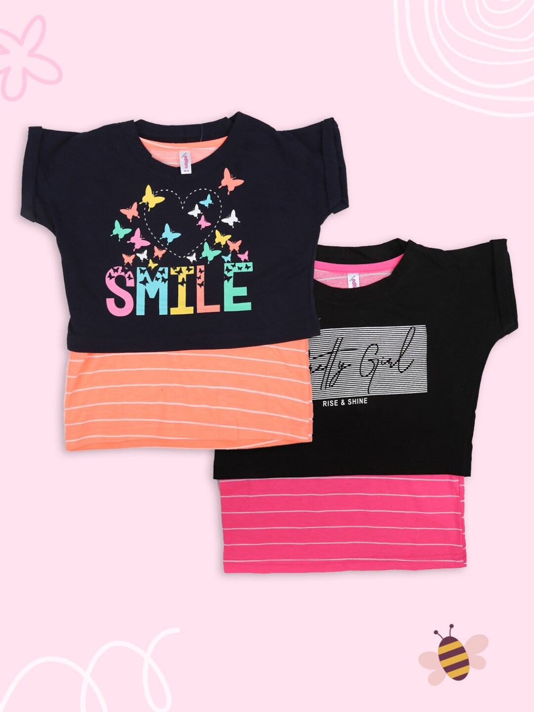 

V-Mart Girls Pack of 2 Black & Navy Blue Typography Printed T-shirts