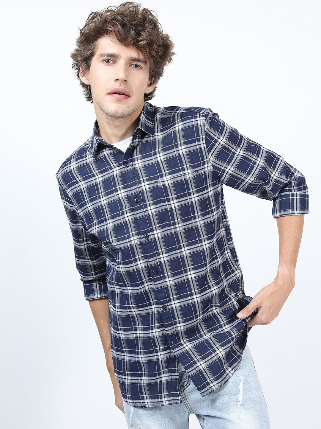 KETCH Men Navy Blue Slim Fit Tartan Checks Checked Casual Shirt