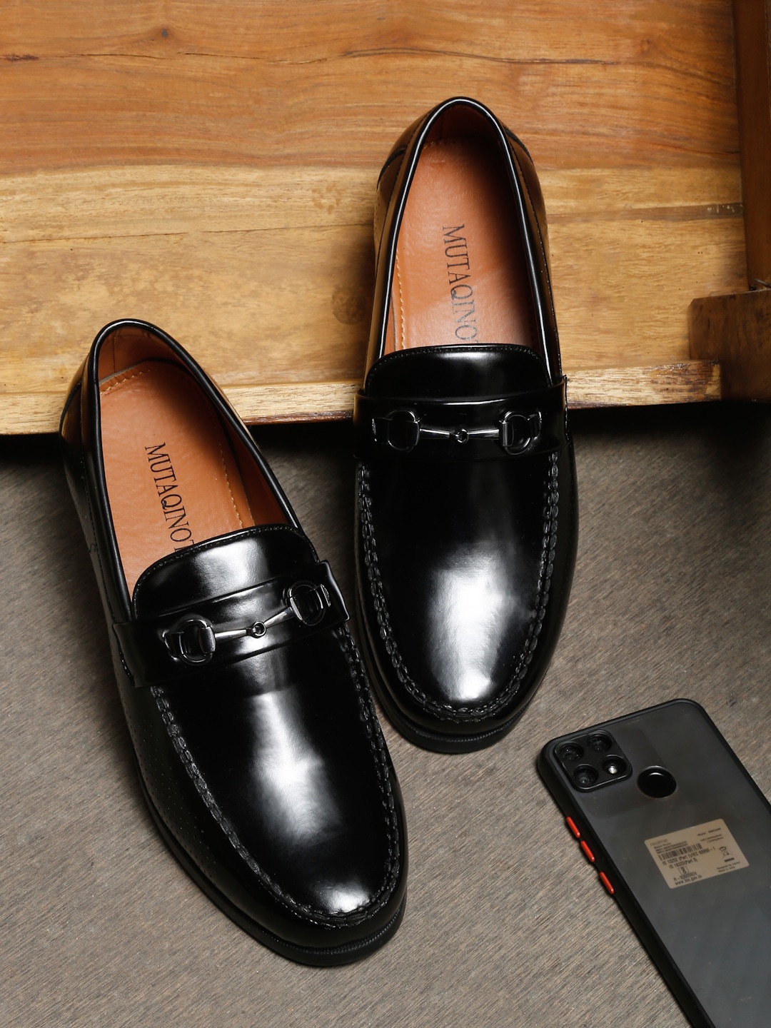 

MUTAQINOTI Men Black Patent Leather Horsebit Loafers