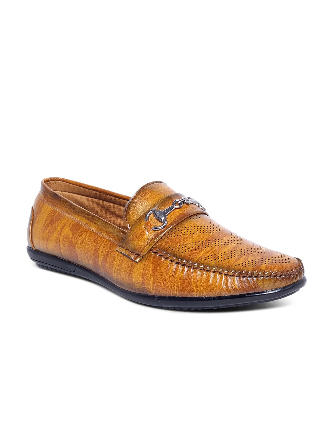 

MUTAQINOTI Men Tan Textured Patent Leather Horsebit Loafers