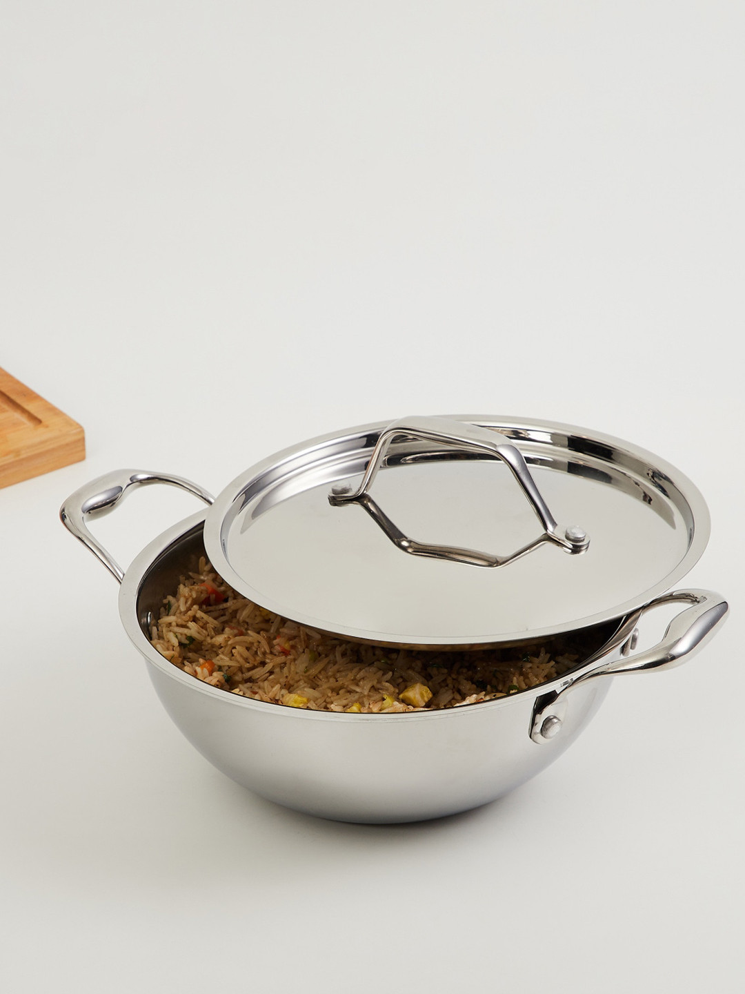 

Home Centre Silver Toned Solid Stainless Steel Carin Kadhai With Lid