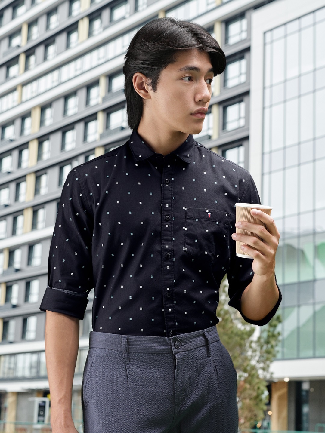 

Louis Philippe Jeans Men Black Slim Fit Geometric Printed Pure Cotton Casual Shirt