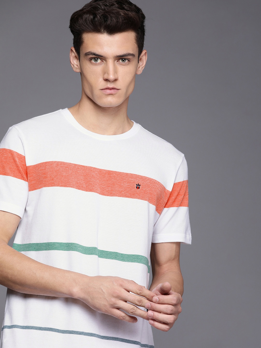 

Louis Philippe Sport Men White & Coral Striped Slim Fit Pure Cotton Casual T-shirt