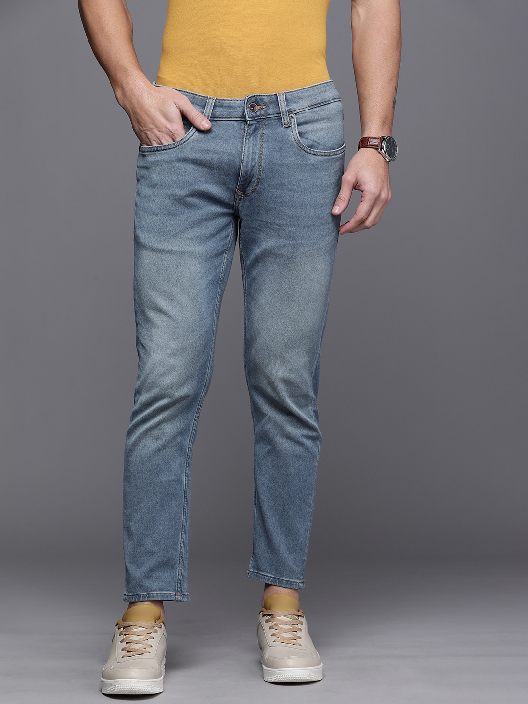 

Louis Philippe Jeans Men Blue Low-Rise Heavy Fade Stretchable Slim Fit Casual Jeans
