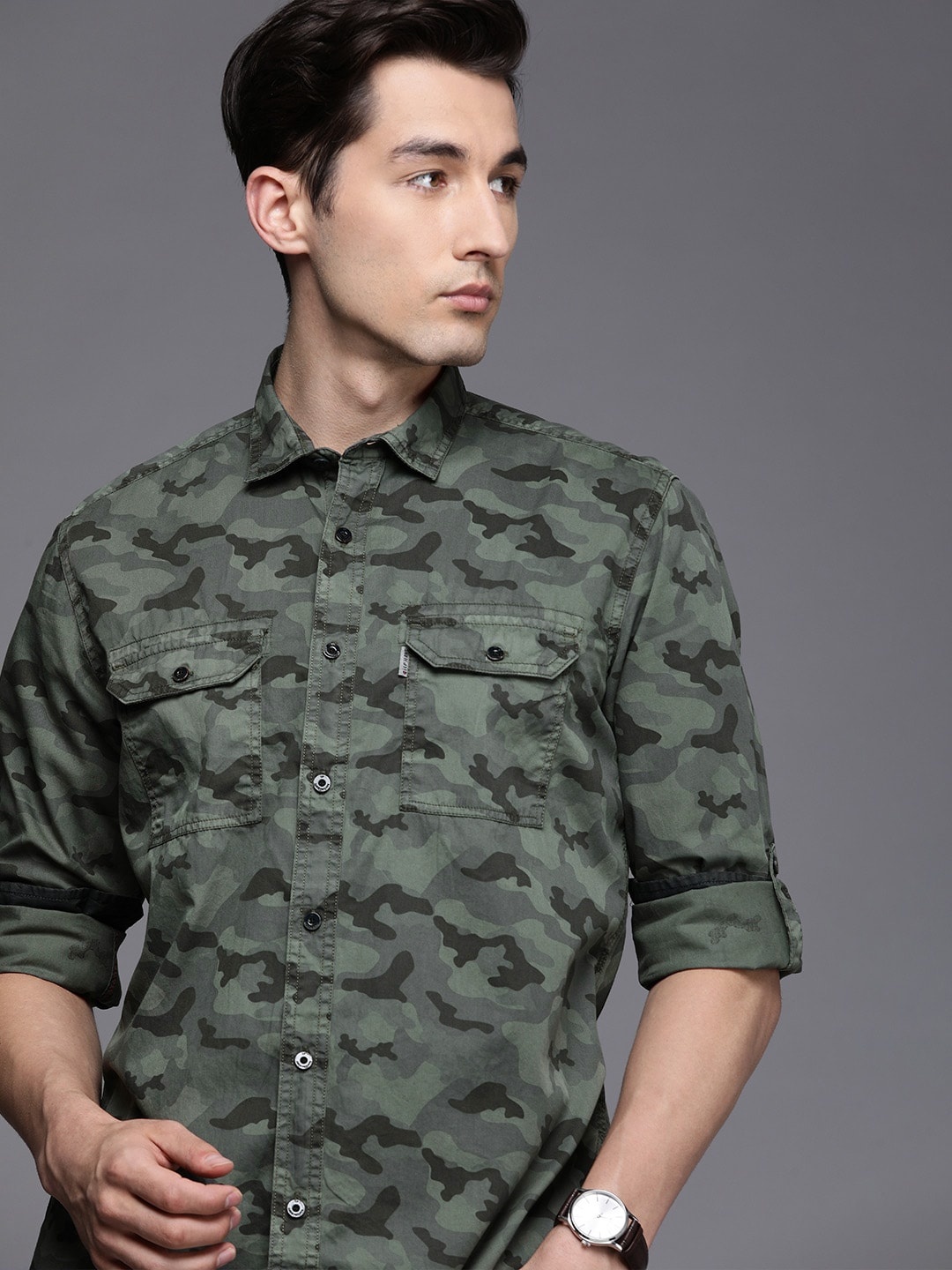 

Louis Philippe Jeans Men Green Camouflage Printed Slim Fit Pure Cotton Casual Shirt