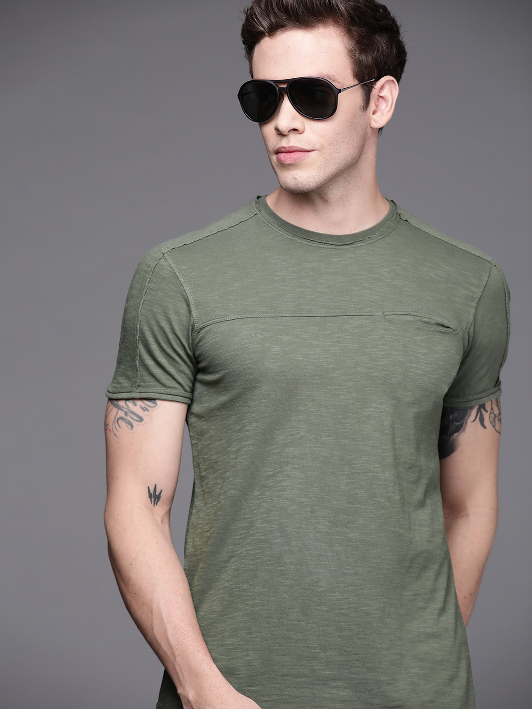 

Louis Philippe Jeans Men Olive Green Pure Cotton T-shirt