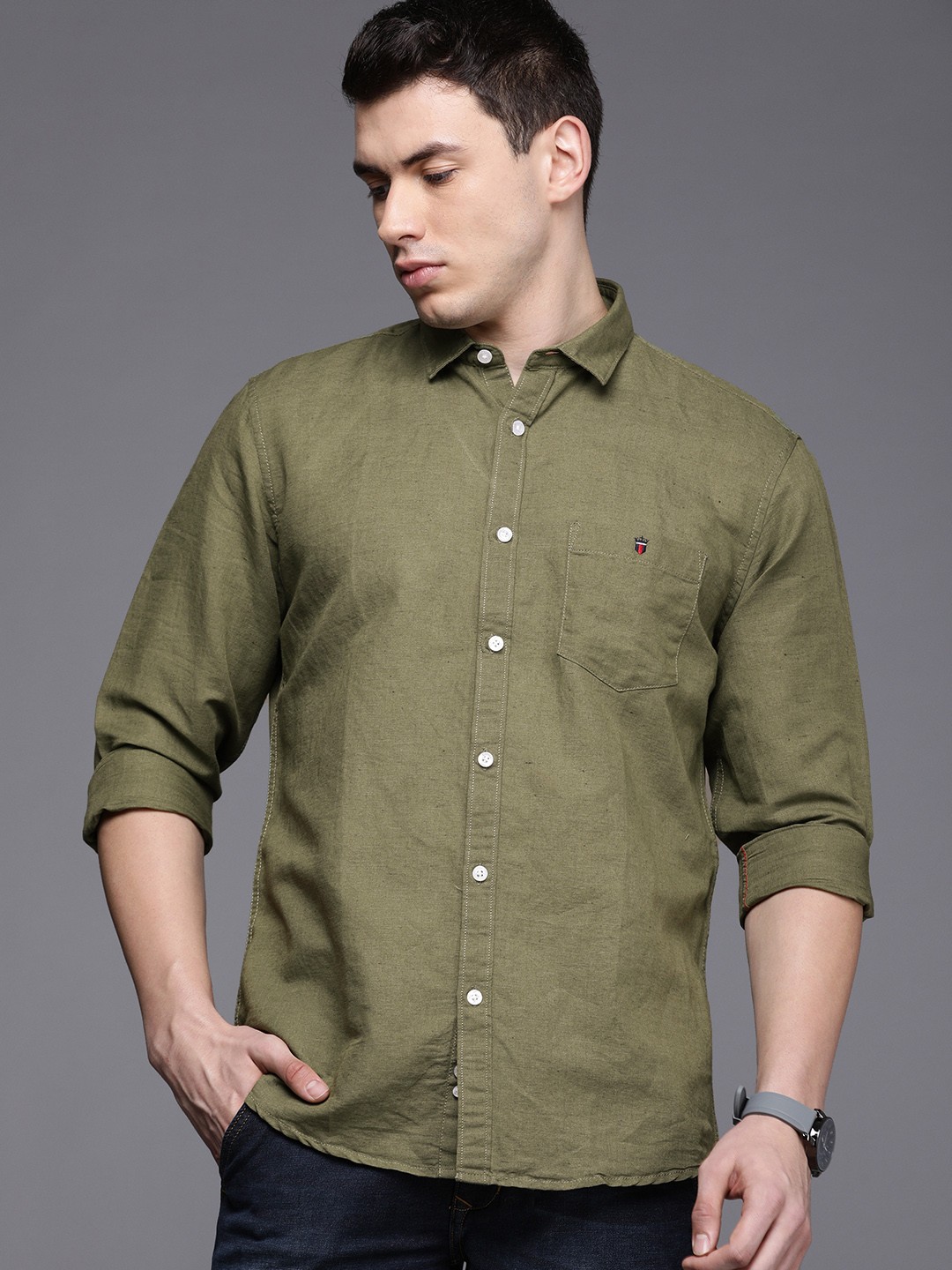 

Louis Philippe Jeans Men Olive Green Solid Slim Fit Cotton Linen Casual Shirt