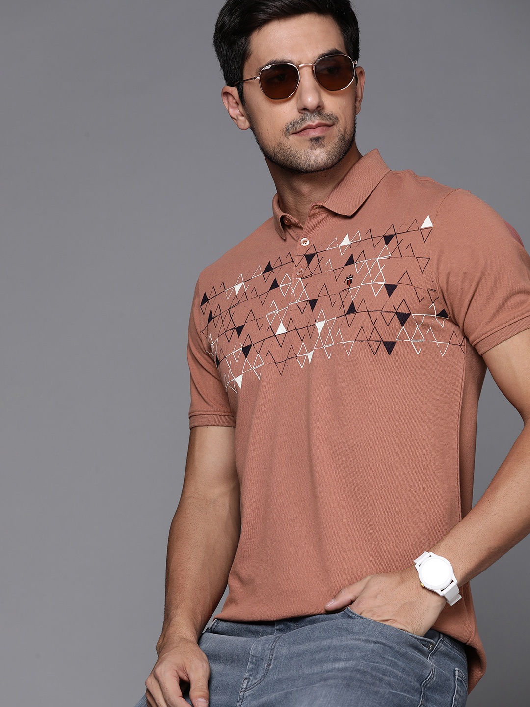 

Louis Philippe Jeans Men Dusty Pink & White Printed Polo Collar Pure Cotton T-shirt