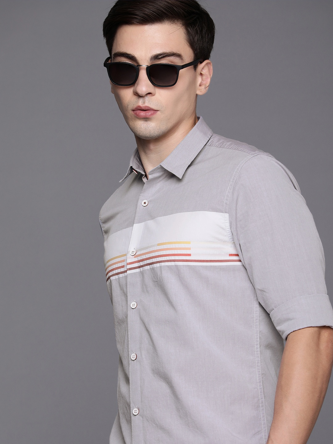 

Louis Philippe Sport Men Grey Striped Detail Slim Fit Pure Cotton Casual Shirt