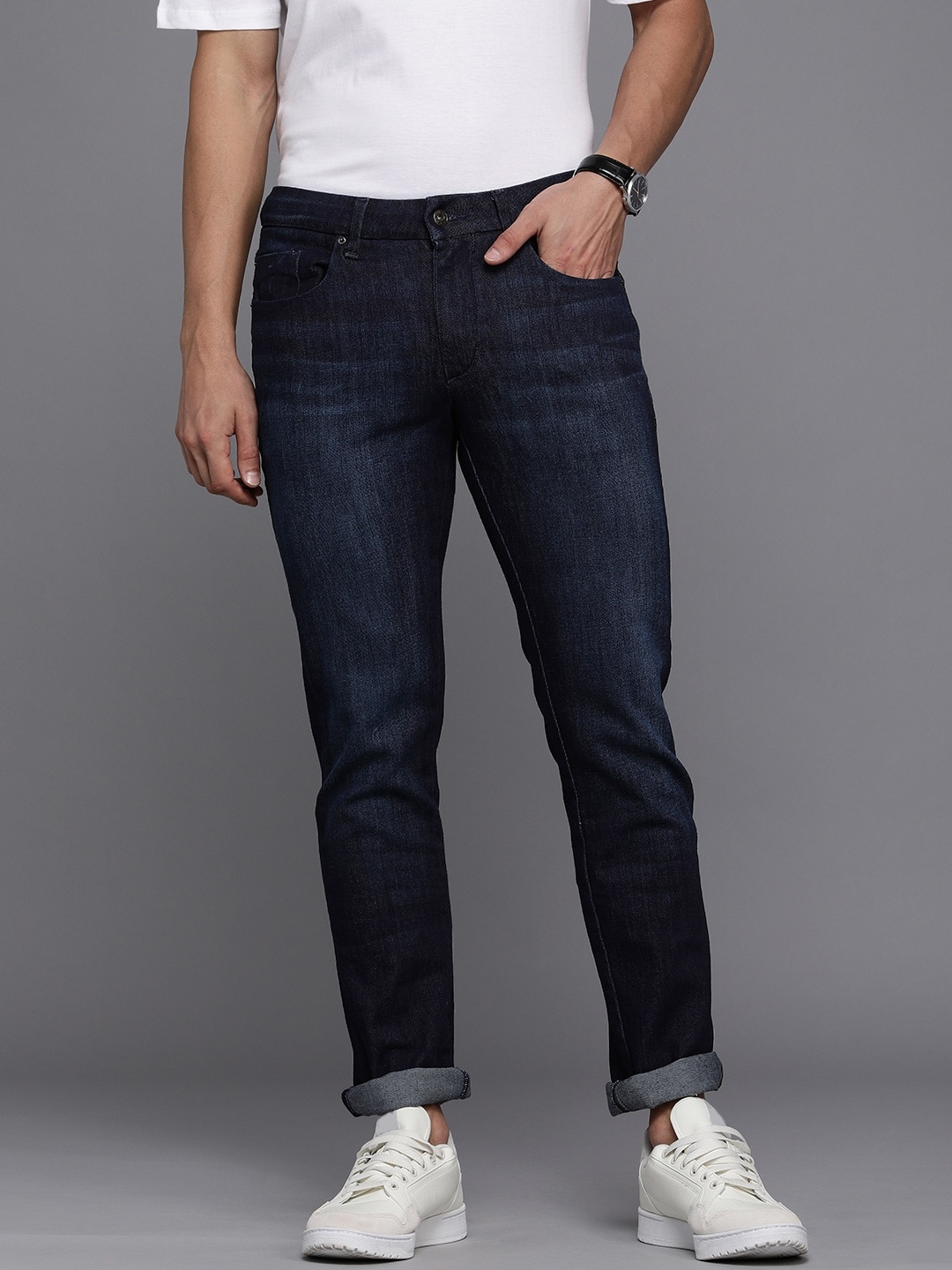 

Louis Philippe Jeans Men Navy Blue Slim Fit Low-Rise Light Fade Stretchable Jeans