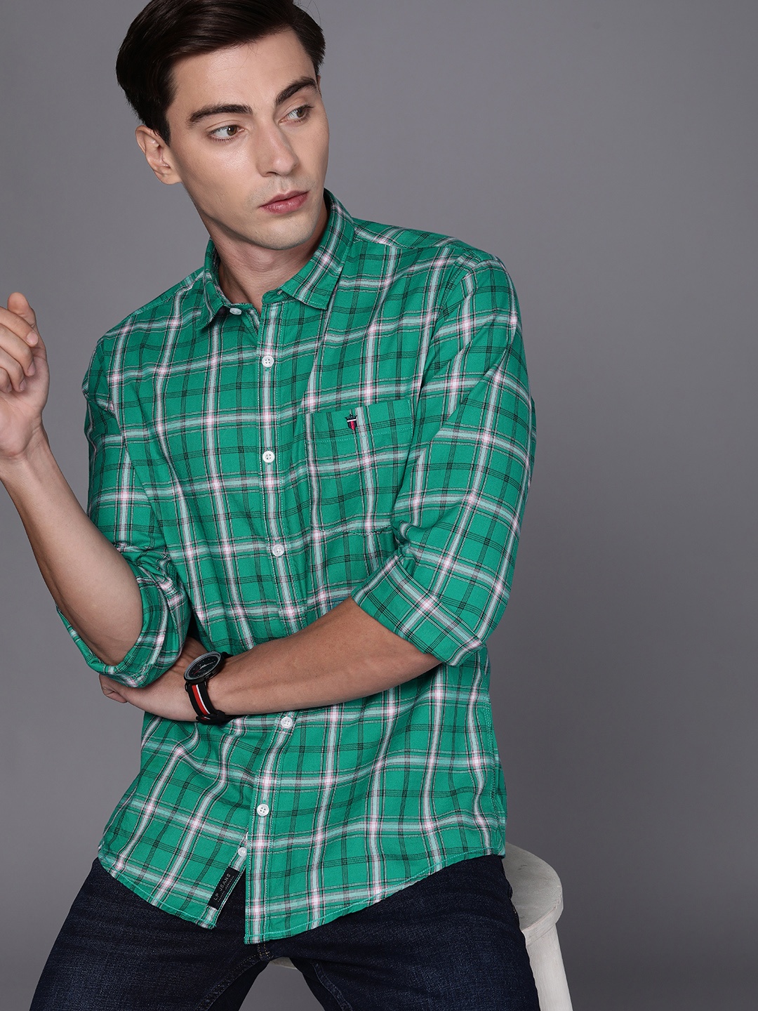 

Louis Philippe Jeans Men Green & Red Slim Fit Checked Pure Cotton Casual Shirt